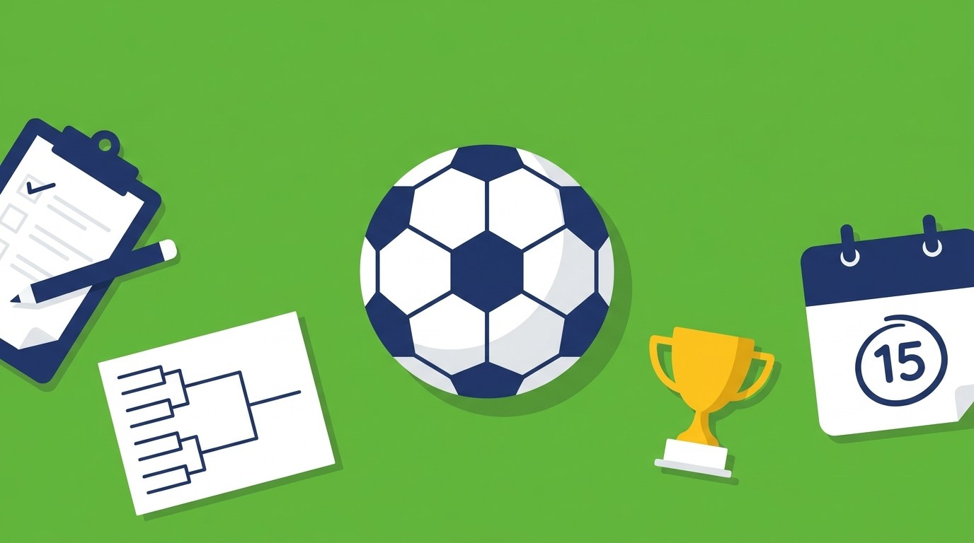 Football tournament organizer checklist with teams, fixtures, and trophy on a table